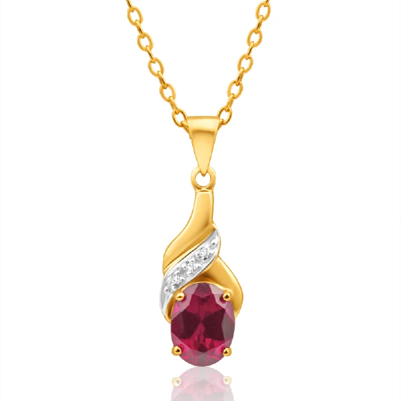 Women’s luxury necklace-9ct Delightful Yellow Gold Created Ruby 8x6mm + Diamond Pendant