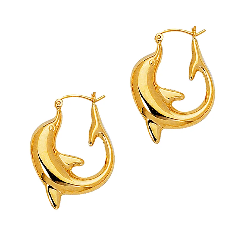 Women’s luxury earrings-14K Yellow Gold Shiny Dolphin Hoop Earrings, Diameter 22mm