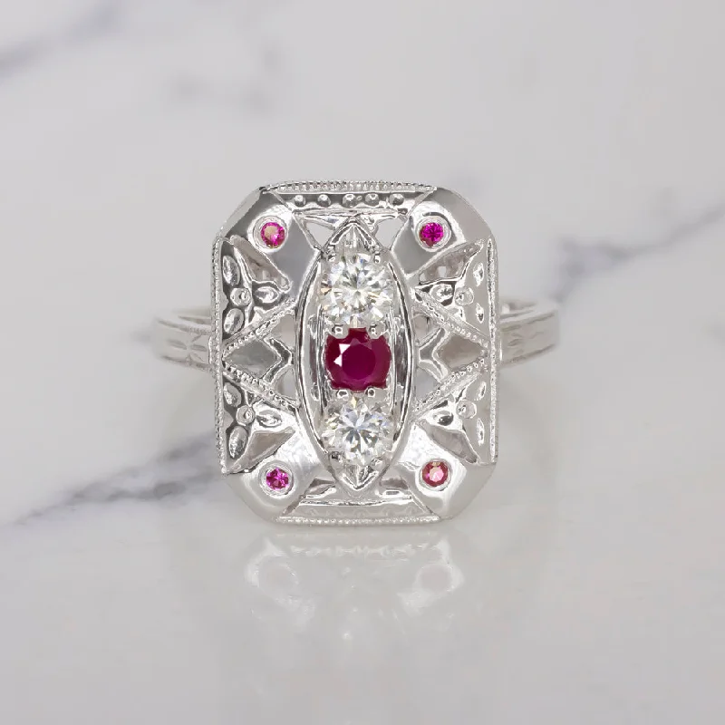 Women’s luxurious sapphire engagement ring-VINTAGE STYLE RUBY DIAMOND COCKTAIL RING ART DECO STYLE 14K WHITE GOLD NATURAL