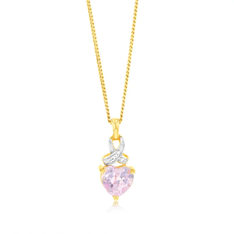 Women’s art deco necklace-9ct Yellow Gold Heart Shaped Created Sapphire & Diamond Pendant