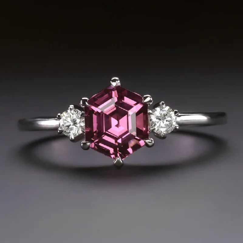 Women’s white gold engagement ring-PINK SPINEL DIAMOND COCKTAIL RING HEXAGON STEP CUT WHITE GOLD 3 STONE NATURAL