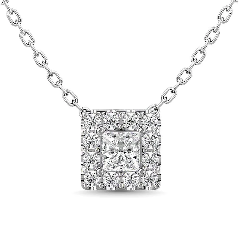 Women’s charm necklace-Diamond 1/4 ct tw Round and Princess Halo Pendant  in 14K White Gold