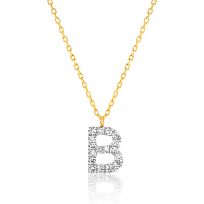 Women’s initial necklace-Luminesce Lab Diamond B Initial Pendant in 9ct Yellow Gold with Adjustable 45cm Chain