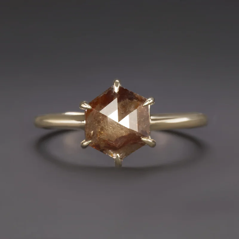 Women’s affordable engagement ring-ROSE CUT DIAMOND SOLITAIRE RING RUSTIC RED RUST GALAXY HEXAGON 14k YELLOW GOLD