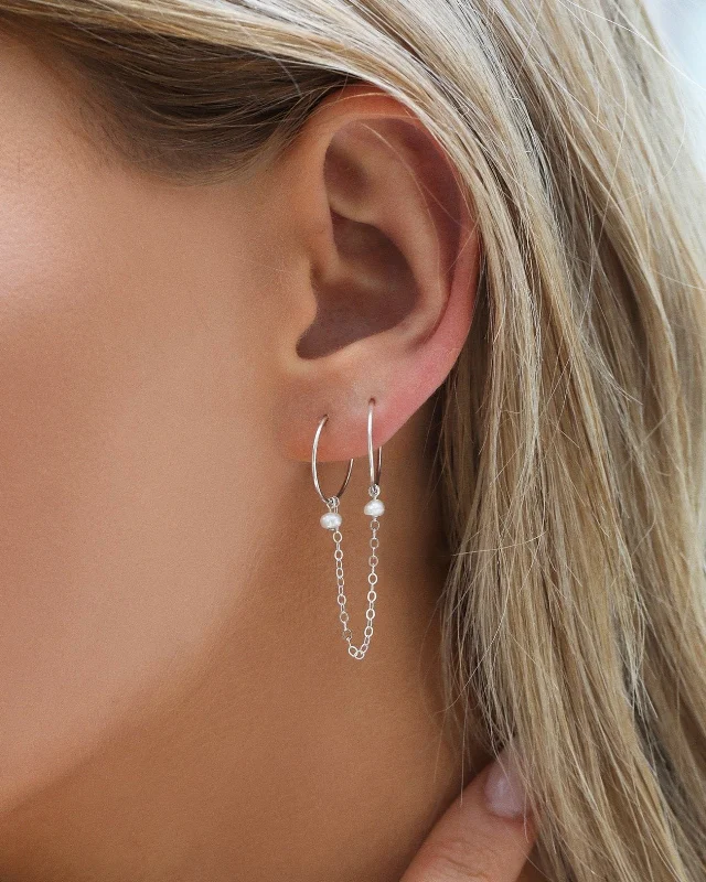 Women’s oval hoop earrings-Double Piercing Freshwater Pearl Hoop Earrings  - Sterling Silver