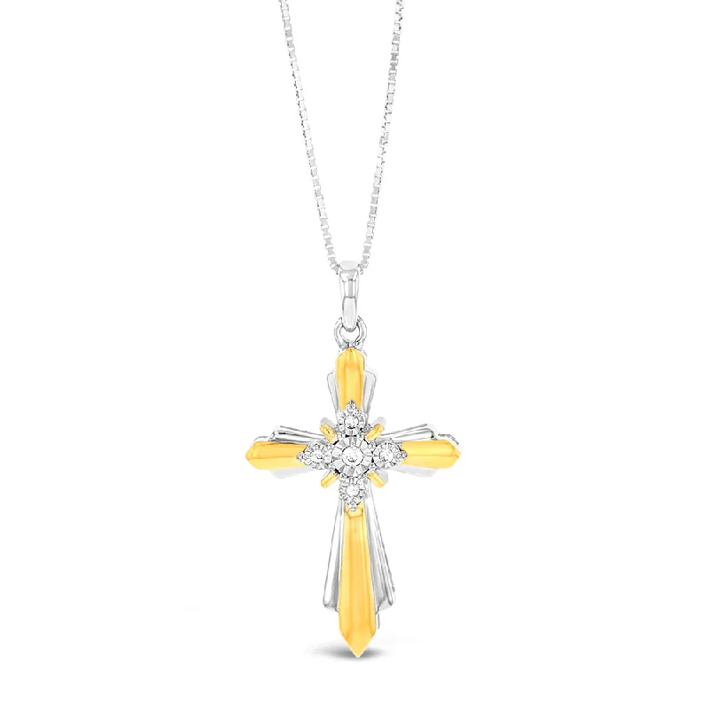 Women’s layered necklace-Gold Plated Sterling Silver Cross Diamond Pendant with 5 Round Diamonds on 46cm Chain