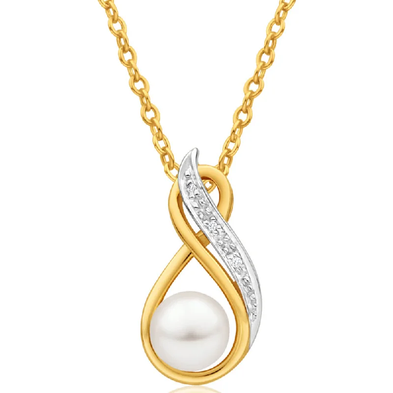 Women’s unique pendant necklace-9ct Yellow Gold Diamond + Pearl Pendant