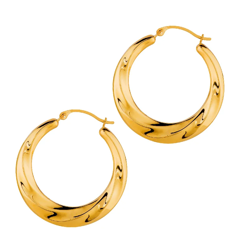 Women’s silver hoop earrings-14K Yellow Gold Shiny Textured Round Hoop Earrings, Diameter 25mm