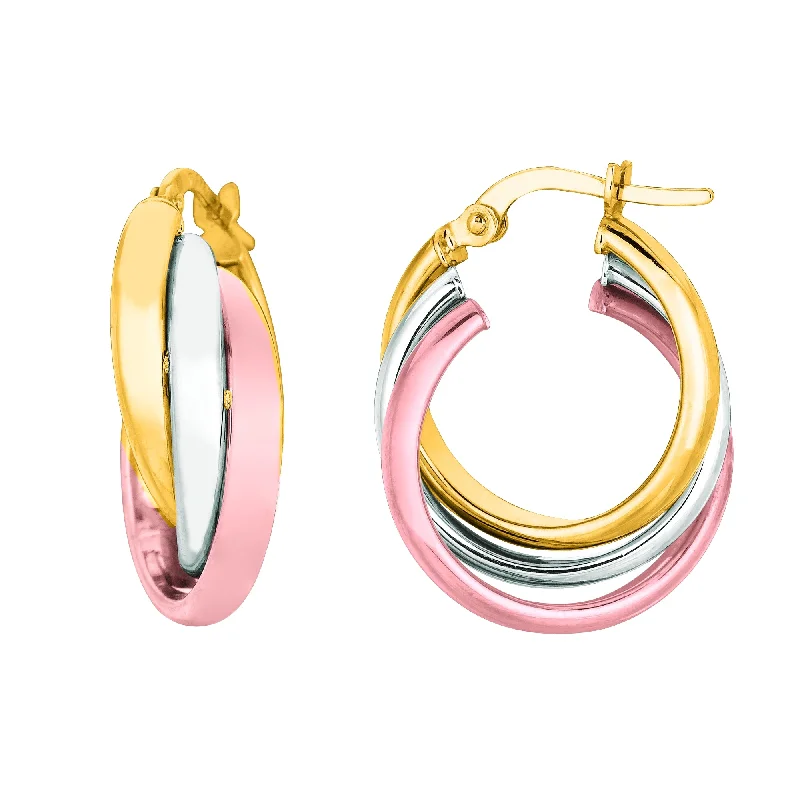 Women’s handmade earrings-14K Yellow And White Rose Gold Triple Row Hoop Earrings