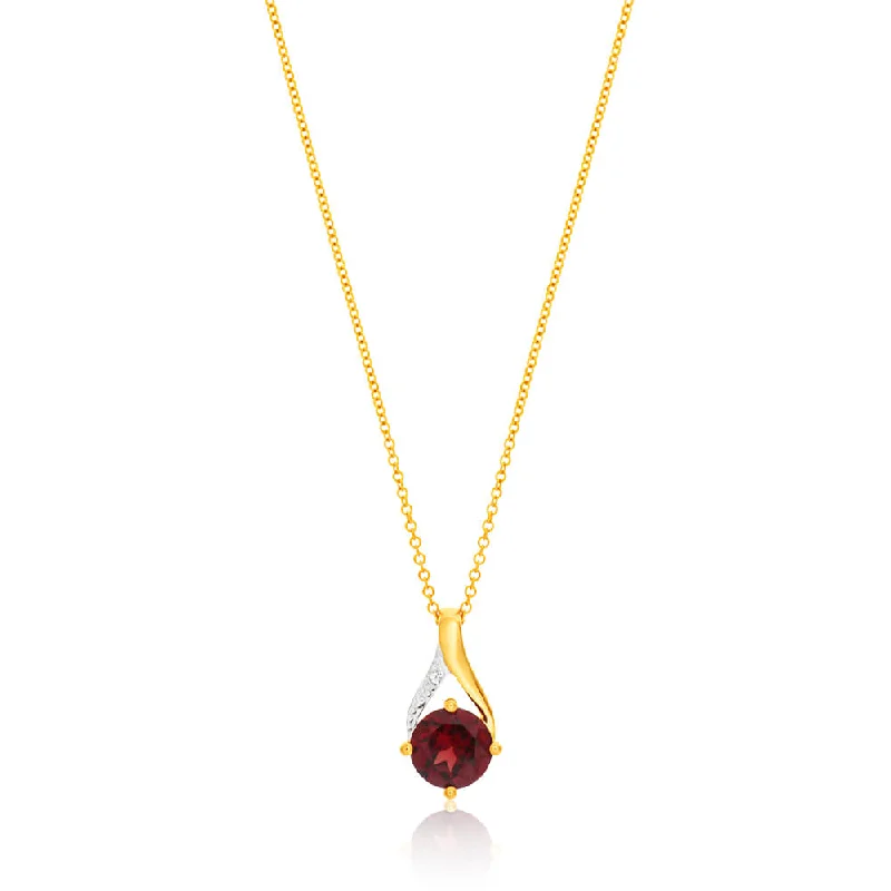 Women’s infinity symbol necklace-9ct Yellow Gold Garnet and Diamond Pendant With 45cm Chain