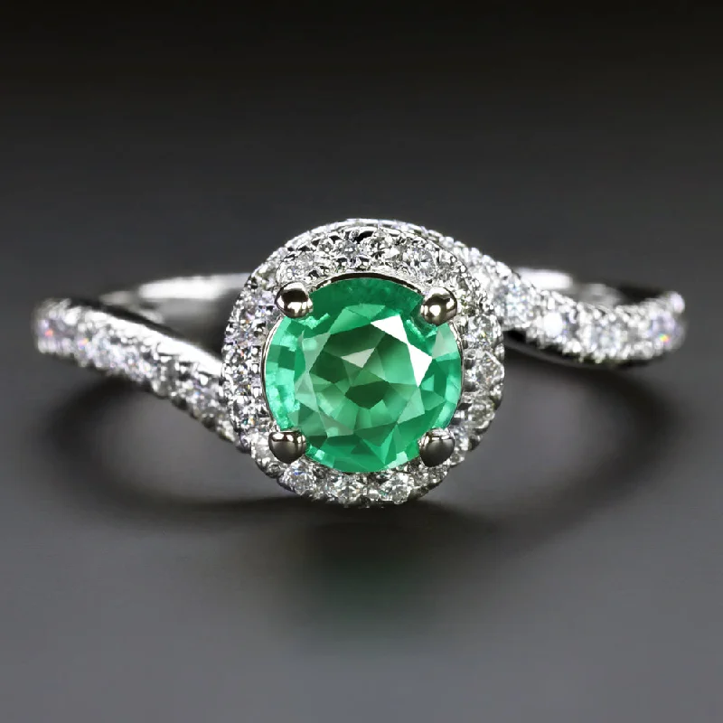 Women’s three-stone engagement ring-EMERALD DIAMOND COCKTAIL RING BYPASS HALO 14k WHITE GOLD NATURAL GREEN ROUND