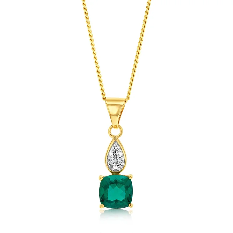 Women’s choker necklace-9ct Yellow Gold Created Emerald And Diamond Pendant