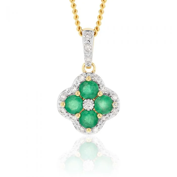 Women’s star necklace-9ct Yellow Gold 1ct Natural Emerald and 1/10 Carat Diamond 4 Leaf Clover Pendant