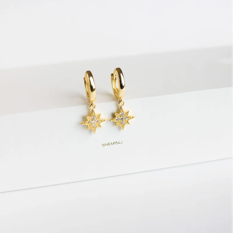 Women’s dangling crystal earrings-Star Paved Hoop Earrings, CZ Drop Huggies, Gold, Silver SHEMISLI SH109