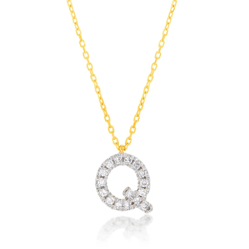 Women’s art deco necklace-Luminesce Lab Diamond Q Initial Pendant in 9ct Yellow Gold with Adjustable 45cm Chain