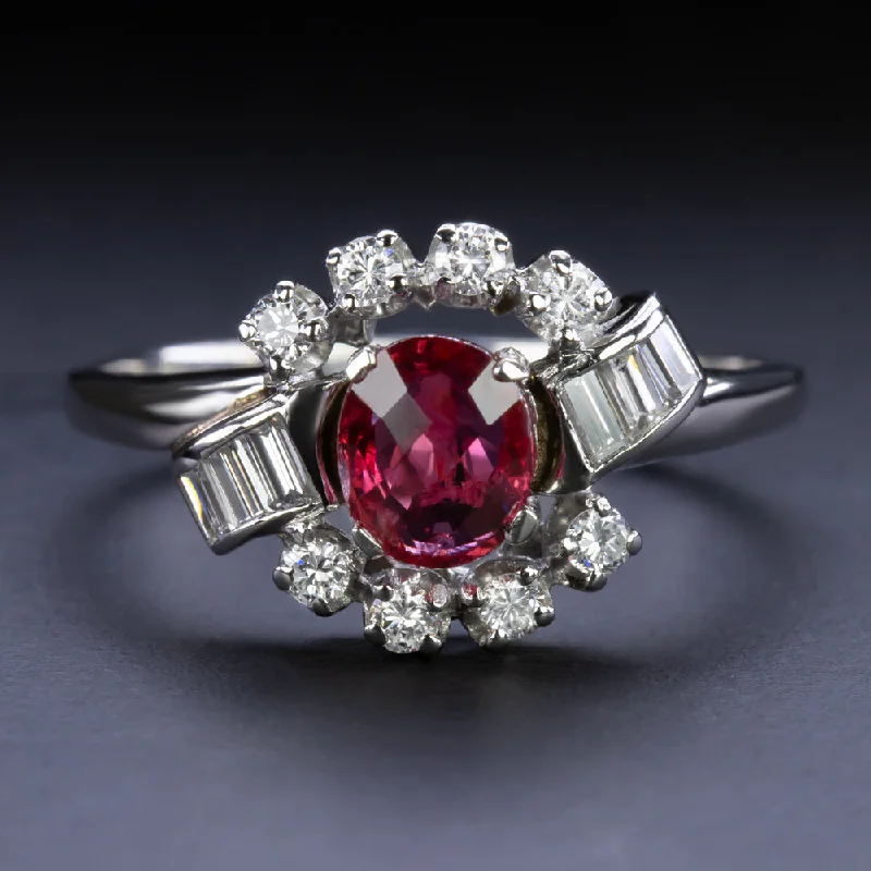 Women’s vintage engagement ring-VINTAGE RUBY DIAMOND COCKTAIL RING PLATINUM OVAL SHAPE HALO NATURAL ESTATE 1.5ct