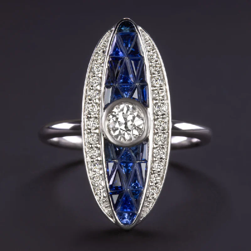 Women’s cushion cut engagement ring-OLD EUROPEAN CUT DIAMOND SAPPHIRE COCKTAIL RING NAVETTE WHITE GOLD VINTAGE STYLE