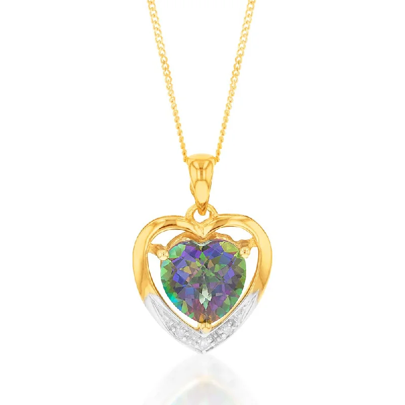 Women’s meaningful necklace-9ct Yellow Gold Enhanced Mystic Topaz and Diamond Heart Pendant on 46cm Chain