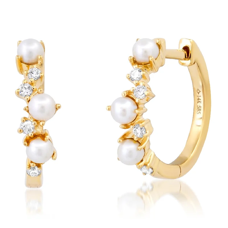 Women’s round pearl earrings-Pearl Diamond Huggies