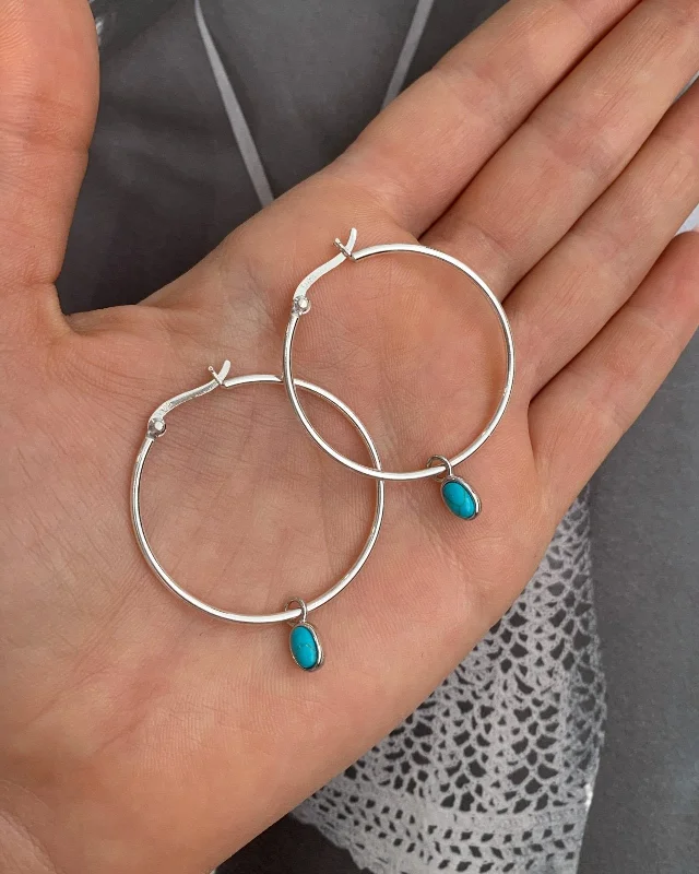 Women’s fashion earrings-Turquoise Thick Hoop Earrings  - Sterling Silver