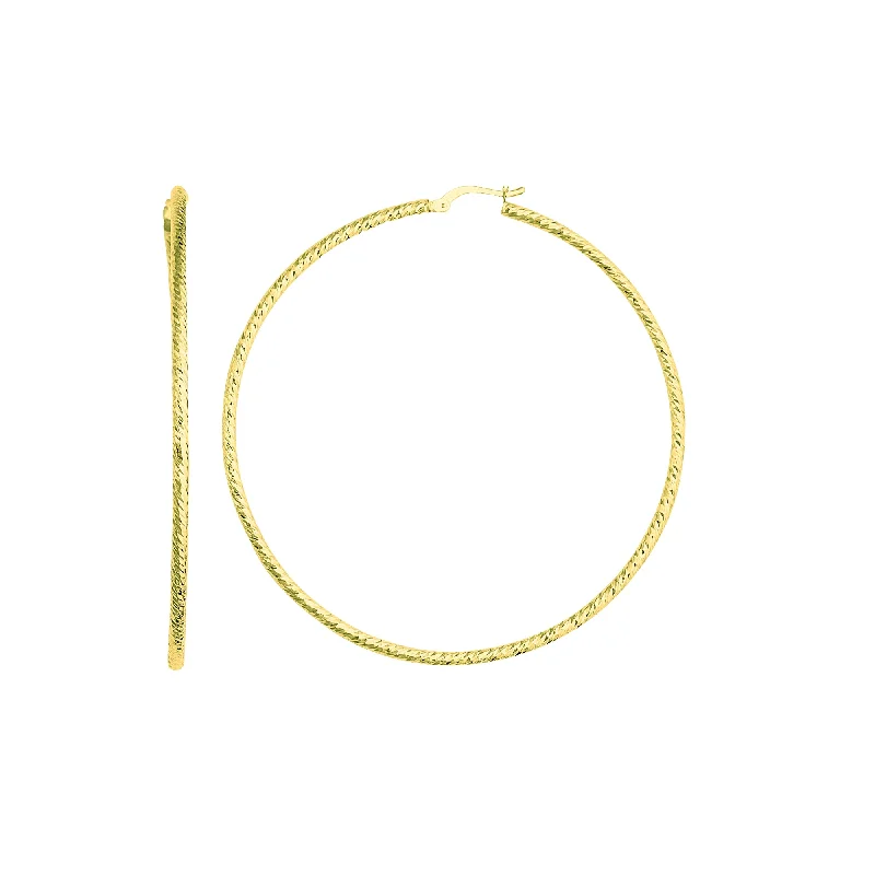 Women’s gold earrings-14K Yellow Gold Diamond Cut Round Design Hoop Earrings, Diameter 60mm