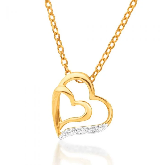 Women’s boho necklace-9ct Elegant Yellow Gold 2 Diamonds Heart Pendant