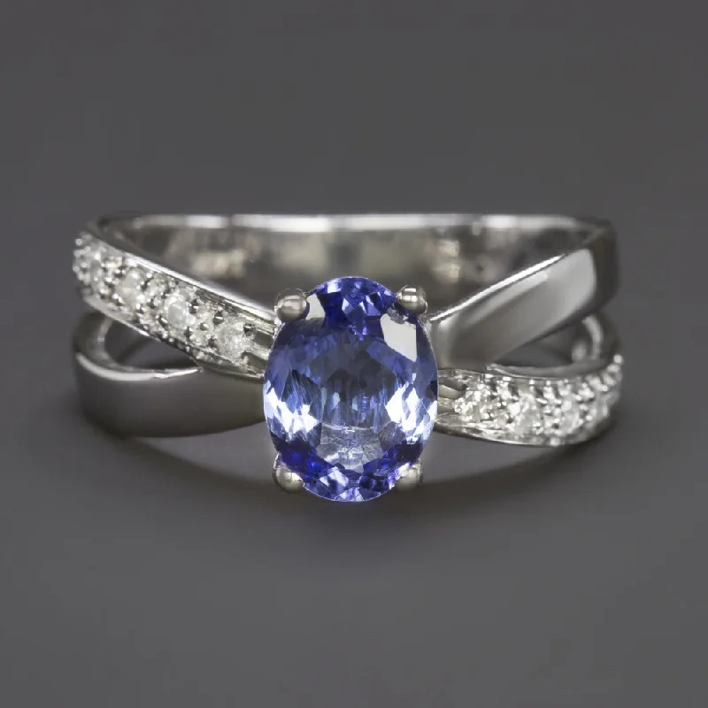 Women’s split shank engagement ring-1 CARAT TANZANITE DIAMOND COCKTAIL RING 14k WHTIE GOLD CRISS CROSS SPLIT SHANK