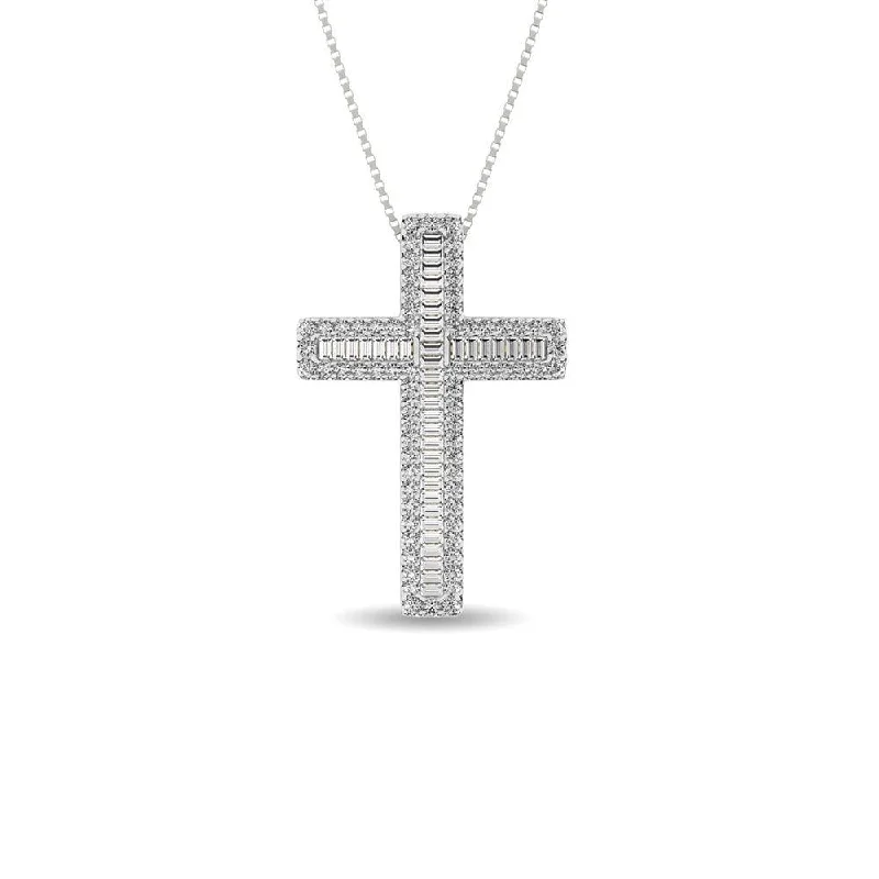 Women’s pendant necklace-Diamond 1/2 Ct.Tw. Round and Baguette Cross Pendant in 14K White Gold