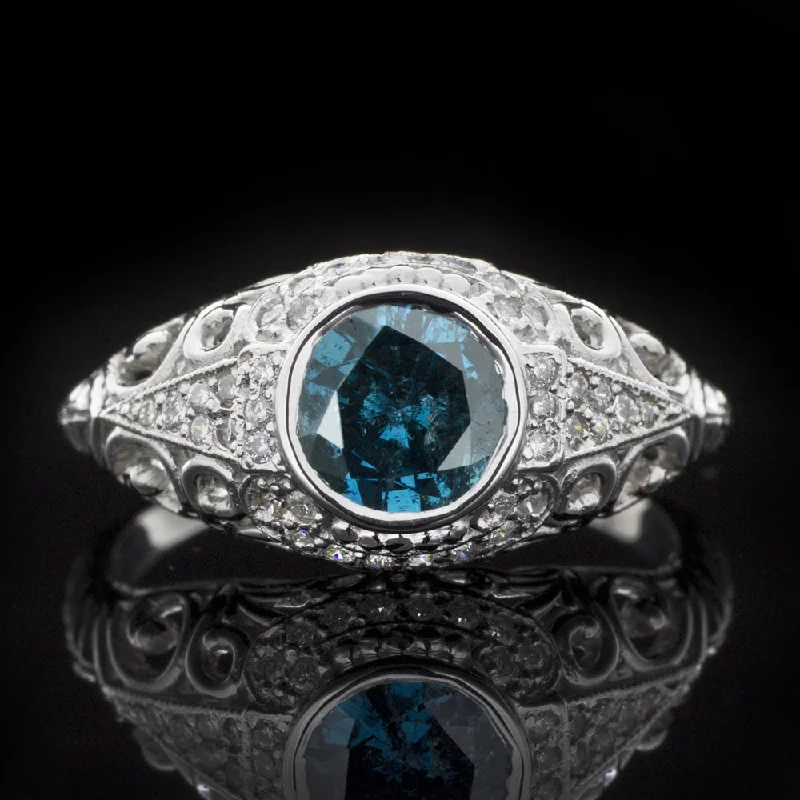 Women’s black diamond engagement ring-BLUE DIAMOND VINTAGE STYLE RING 14k WHITE GOLD ROUND CUT NATURAL FILIGREE TEAL