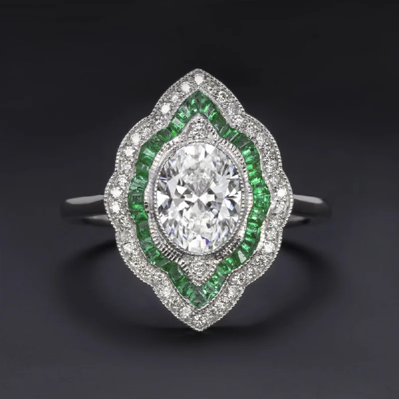 Women’s geometric engagement ring-LAB CREATED DIAMOND EMERALD COCKTAIL RING VINTAGE STYLE SCALLOPED HALO OVAL