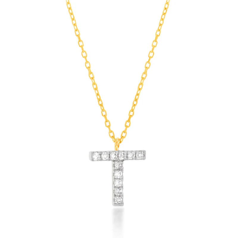 Women’s crystal necklace-Luminesce Lab Diamond 9ct Yellow Gold T Initial Pendant on Adjustable 45cm Chain