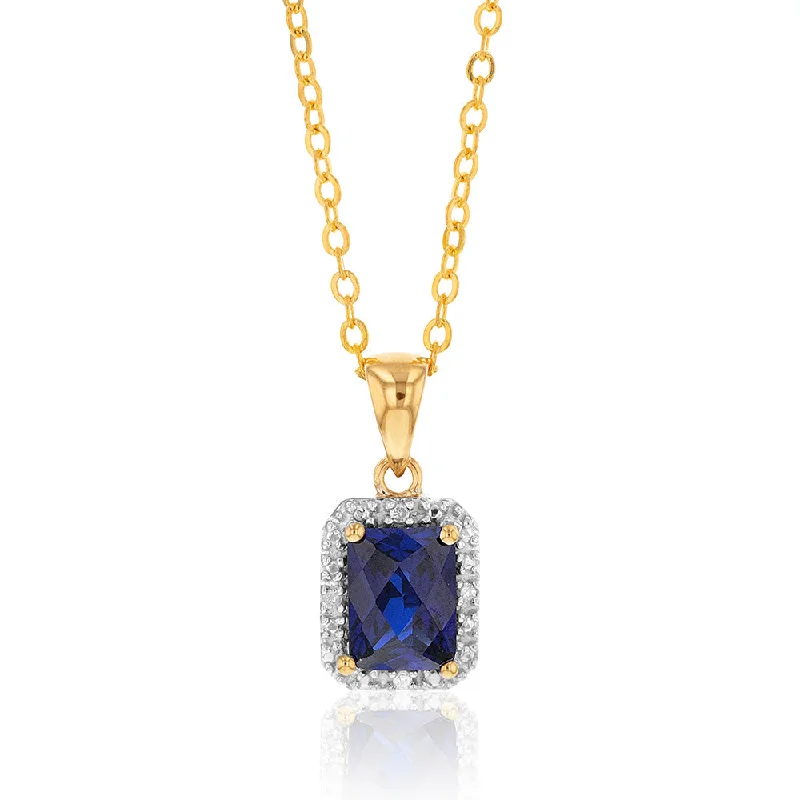 Women’s gemstone pendant necklace-9ct Yellow Gold Created Sapphire and Diamond Pendant 46cm Gold Plated Chain