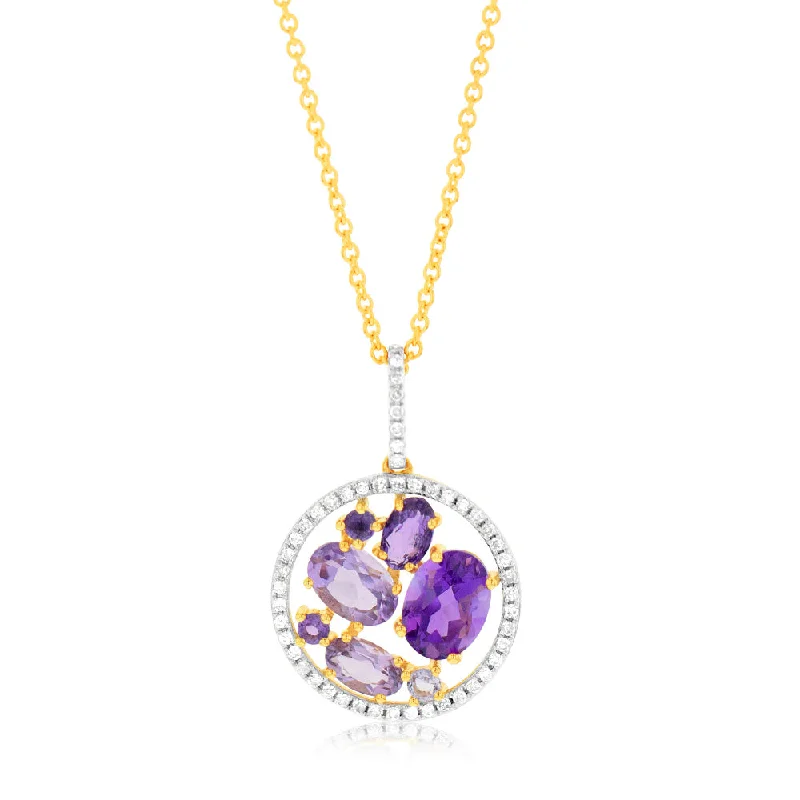 Women’s gold coin necklace-9ct Yellow Gold Natural Amethyst Pink Amethyst And Diamond Pendant On Chain