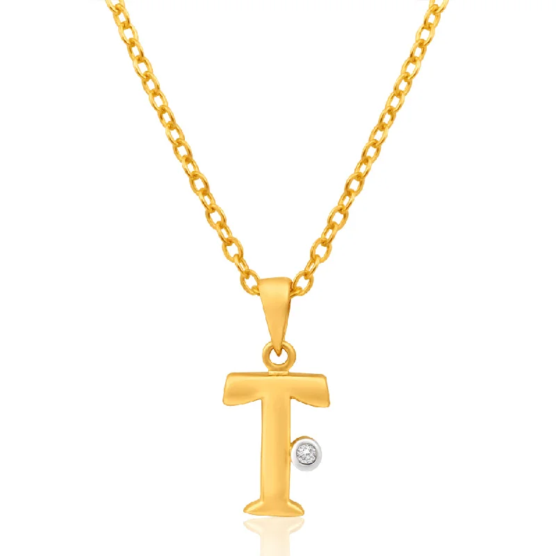 Women’s chain necklace-9ct Yellow Gold Pendant Initial T set with diamond