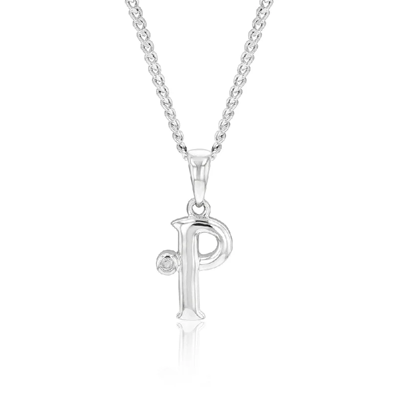 Women’s personalized pendant necklace-Silver Pendant Initial P set with Diamond