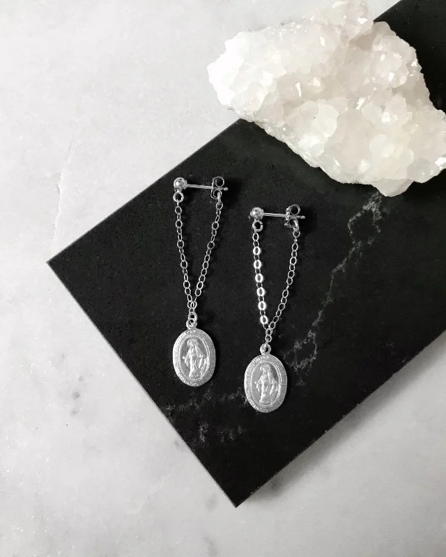 Women’s vintage earrings-Miraculous Medal Long Chain Stud Earrings - Sterling Silver