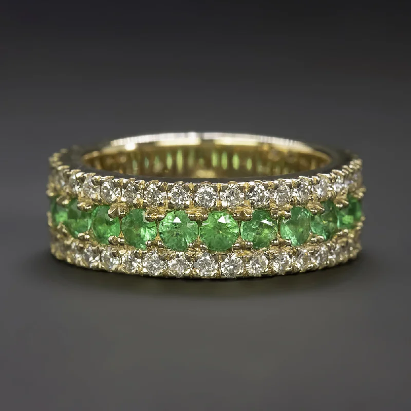 Women’s rose-cut engagement ring-EMERALD DIAMOND 3 ROW WIDE BAND NATURAL 14k YELLOW GOLD NATURAL COCKTAIL RING