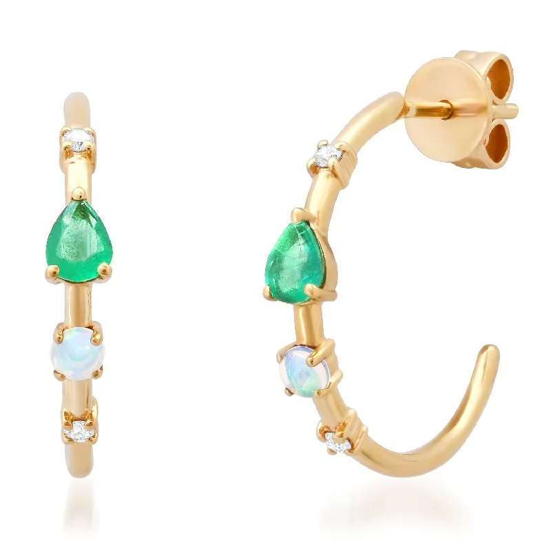 Women’s stud diamond earrings-Emerald Opal Hoops