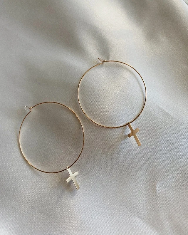 Women’s long drop earrings-Large Cross Hoop Earrings  - 14k Yellow Gold Fill