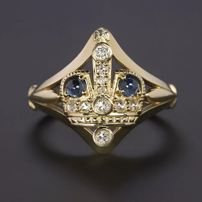 Women’s vintage diamond engagement ring-VINTAGE STYLE SAPPHIRE DIAMOND CROWN RING 14k YELLOW GOLD COCKTAIL ESTATE