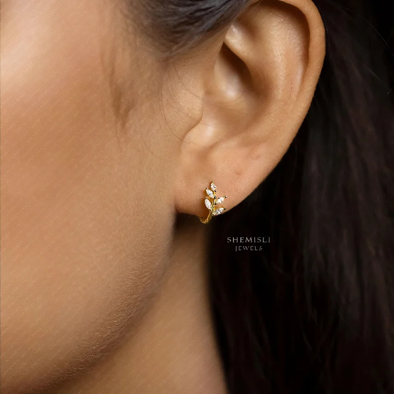 Women’s fashion earrings-Leaf CZ Hoop Earrings, Olive Leaf Huggies, Gold, Silver SHEMISLI - SH008 LR