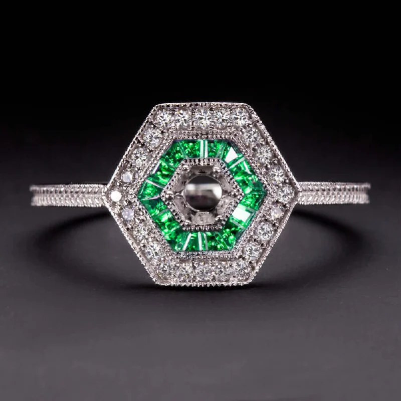 Women’s floral engagement ring-DIAMOND EMERALD VINTAGE RING SETTING ROUND 4m ART DECO STYLE SEMI MOUNT ANTIQUE