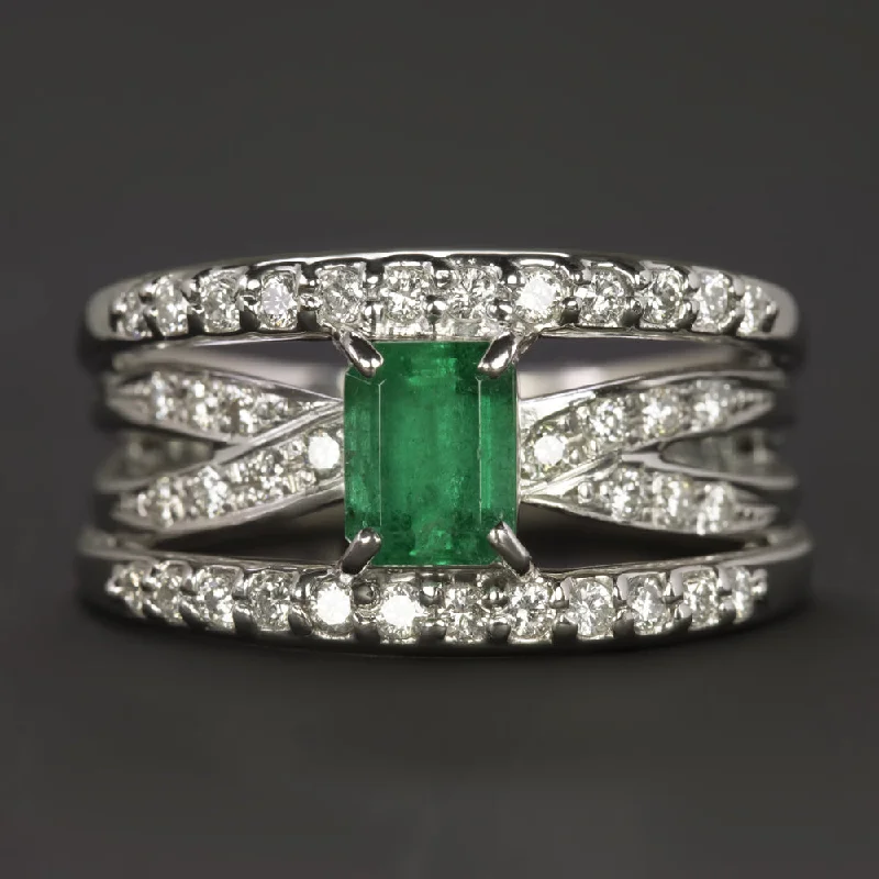 Women’s gold band engagement ring-COLOMBIAN EMERALD DIAMOND COCKTAIL RING PLATINUM WIDE BAND CRISS CROSS NATURAL