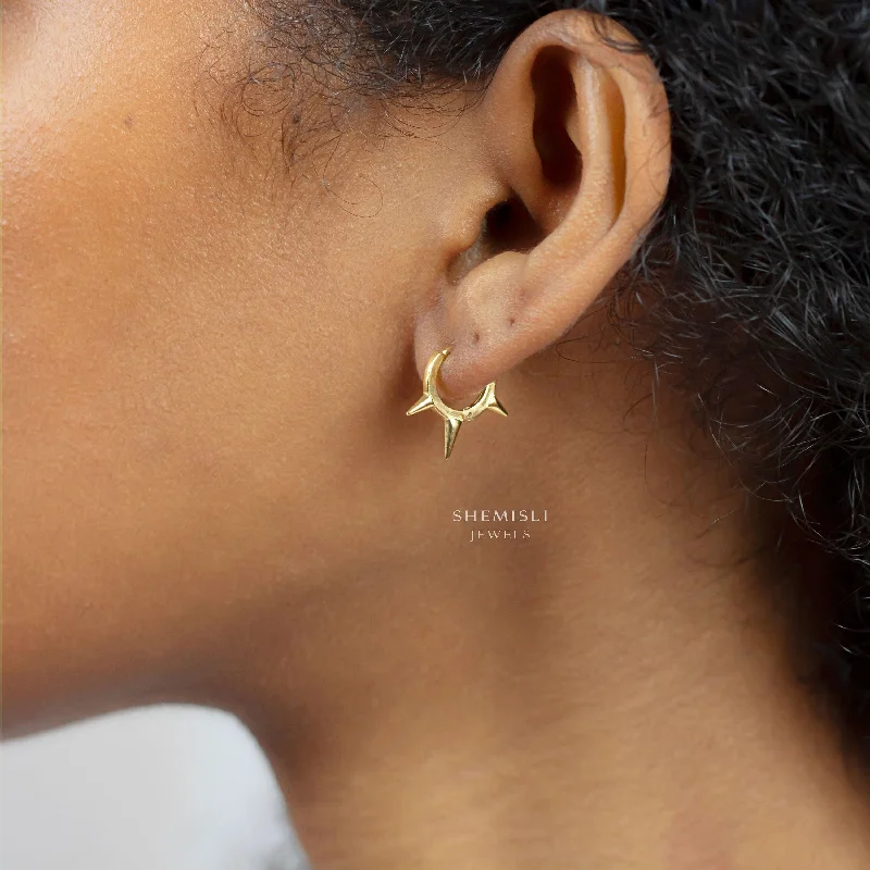 Women’s large stud earrings-Spike Hoop Earrings, Huggies, Gold, Silver SHEMISLI SH093