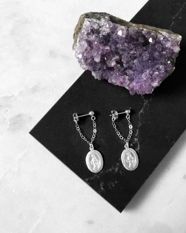 Women’s oval hoop earrings-Miraculous Medal Short Chain Stud Earrings - Sterling Silver