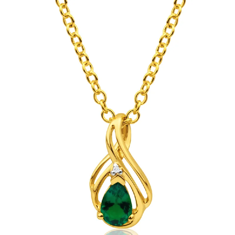 Women’s chunky gemstone necklace-9ct Yellow Gold Diamond + Created Emerald Pendant