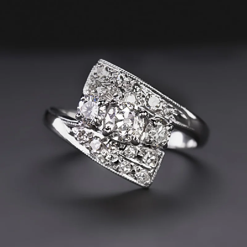 Women’s cushion cut engagement ring-OLD EUROPEAN CUT DIAMOND COCKTAIL RING VINTAGE RETRO BYPASS WHITE GOLD ESTATE