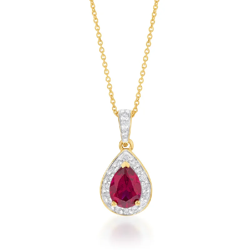 Women’s delicate necklace-9ct Yellow Gold Created Ruby 0.15 Carat Diamond Pear Halo Pendant on 45cm Chain