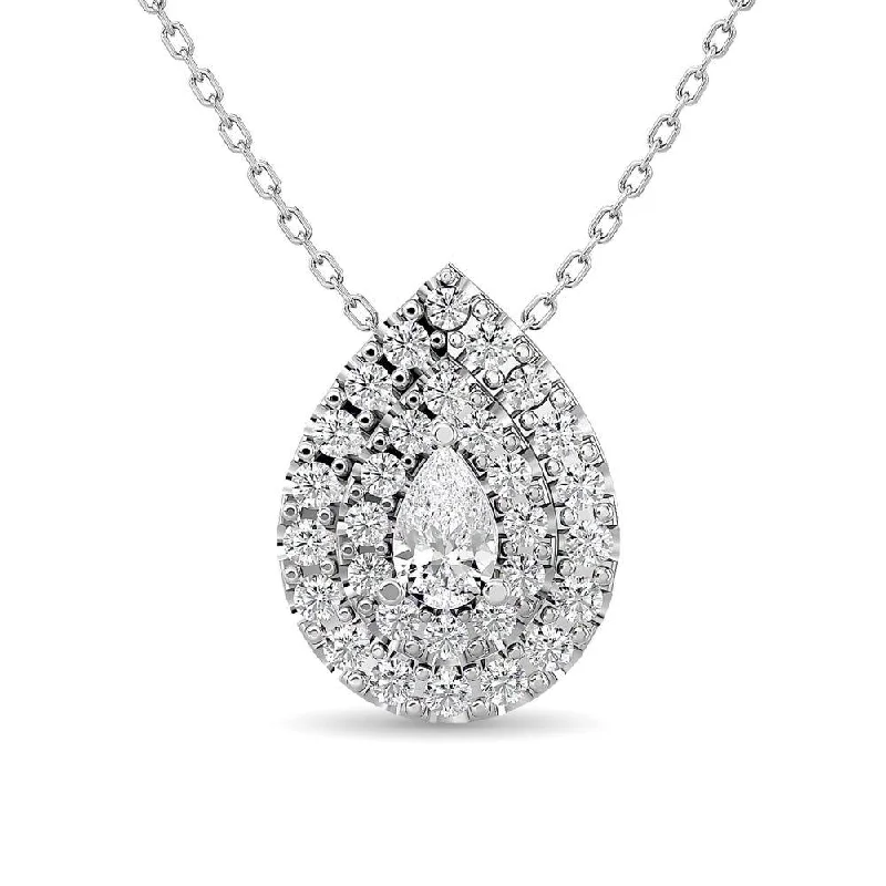 Women’s double chain necklace-Diamond Pear Cut Double Halo Pendant 3/8 ct tw in 14K White Gold