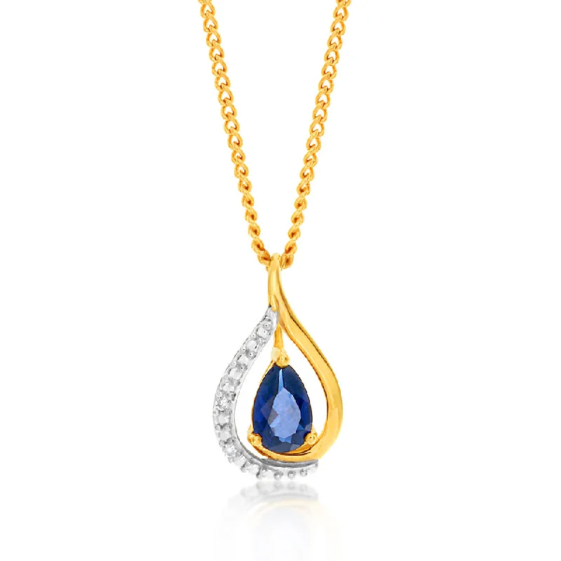 Women’s personalized necklace-9ct Yellow Gold Created Sapphire and Diamond Pendant